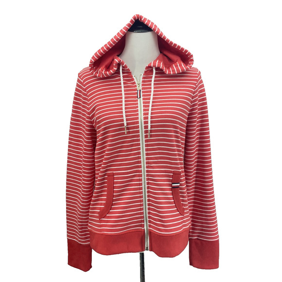 Tommy Hilfiger Womens M Sweater Hoodie Red Orange Striped Full Zip Preppy Casual - Picture 1 of 8